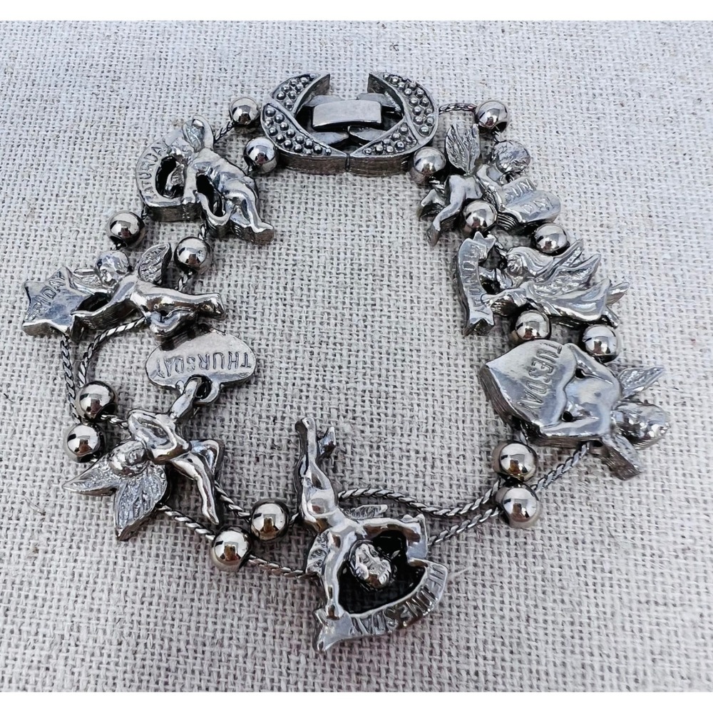 Vintage Silver Tone Days of the Week Cherub Angel Celestial Heart Charm Bracelet - Picture 6 of 11